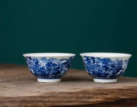 仿古柴窯內外繪青花山水主人杯景德鎮陶瓷瓷器茶具茶杯