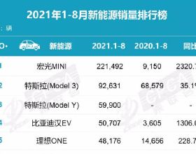 1-8月新能源車銷量榜出爐，宏光mini第一，特斯拉Model3第二
