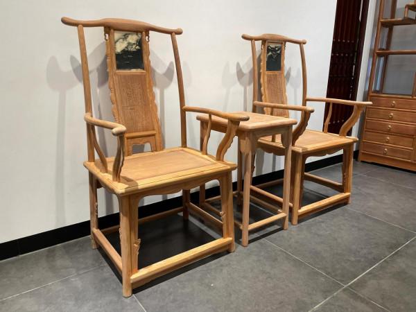 緬甸花梨雲石官帽椅三件套