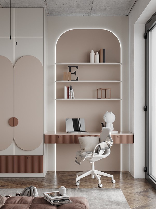 不能怪錢花了沒效果，衣櫃留空當書桌，方正邊角走弧形，新穎實用