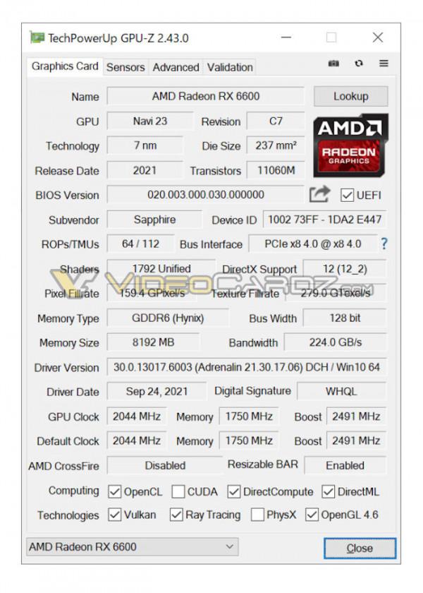 GPU-Z截圖曝光Radeon RX 6600僅配備14Gbps視訊記憶體 頻寬縮水12.5% GPU-Z截圖曝光Radeon RX 6600僅配備14Gbps視訊記憶體 頻寬縮水12.5%