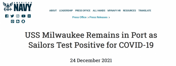 俄媒稱美軍艦再因暴發新冠疫情而癱瘓，美國海軍平安夜發聲明證實