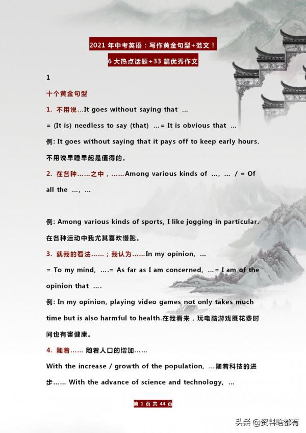 2021年中考英語：寫作黃金句型+範文！6大熱點話題+33篇優秀作文