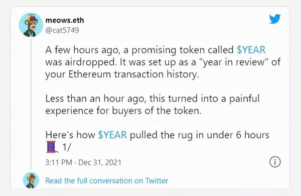 EtherWrapped 專案釋出空投陷阱；YEAR 代幣損失超20萬美元