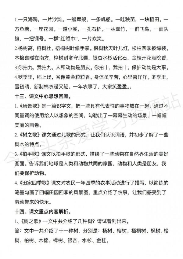 二年級語文上冊全冊重要知識點，期末總複習資料