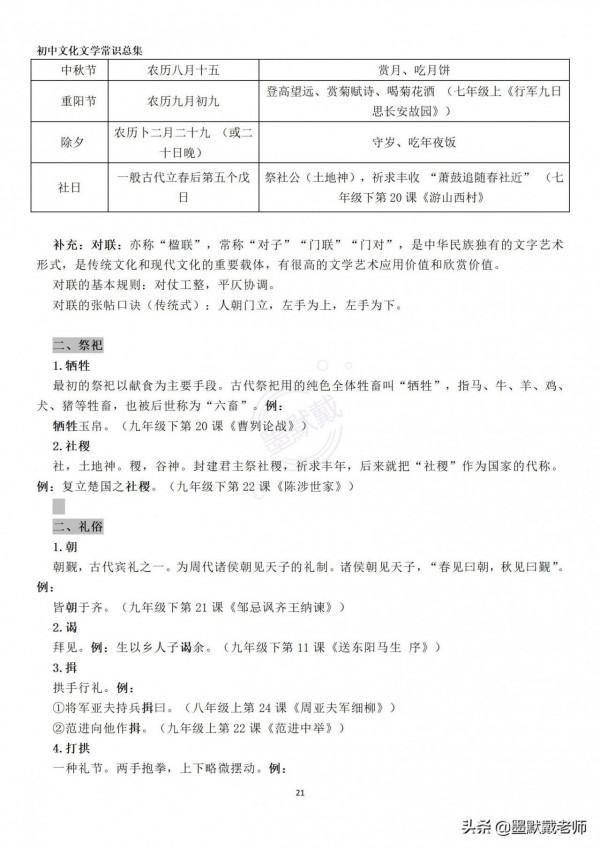 7~9年級部編教材上的文化、文學常識，建議列印背誦