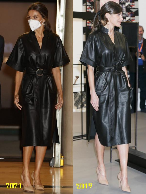 西班牙王后示範皮質服裝的通勤穿搭，將搖滾風皮裙穿得又颯又知性