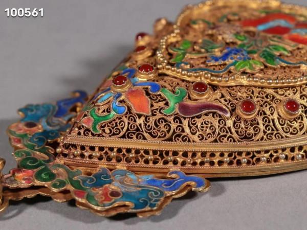 清代 銀鎏金花絲燒藍花紋香囊規格對摺長46cm 香囊寬14*7cm 重158.2g