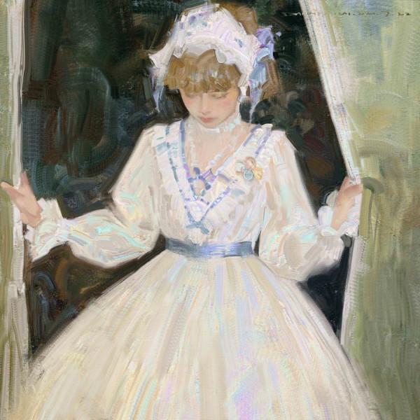 高階油畫質感的插畫作品，筆下的白衣少女太夢幻了