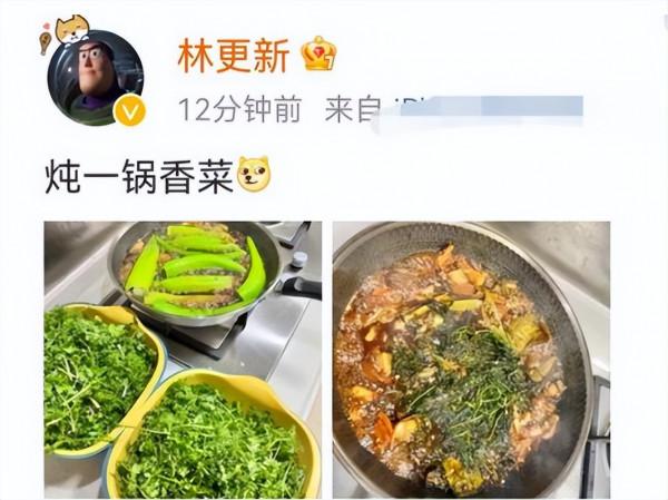 林更新曬出自己做的菜引關注，一鍋菜放兩大盆香菜，饞哭東北網友