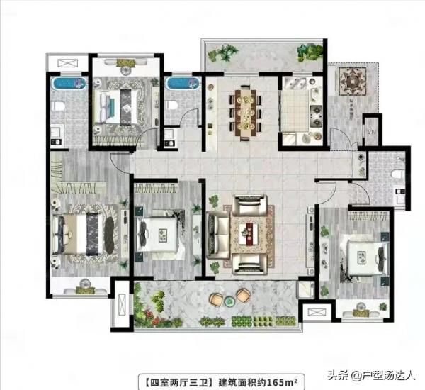 165平方米的戶型做成這樣的四房，是不是特別的Nice