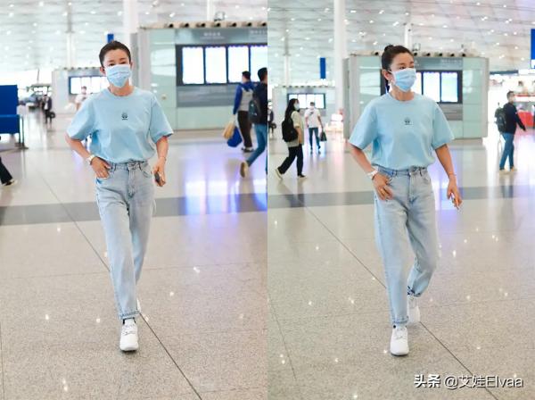 李冰冰久違走機場，穿T恤配高腰褲雙眼皮太美，外八走姿O型腿搶鏡