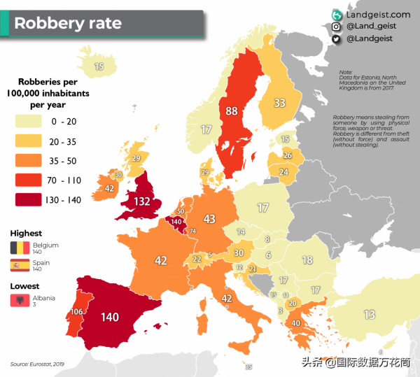 歐洲各國搶劫案數量和發生率，在哪國最容易遭到搶劫？