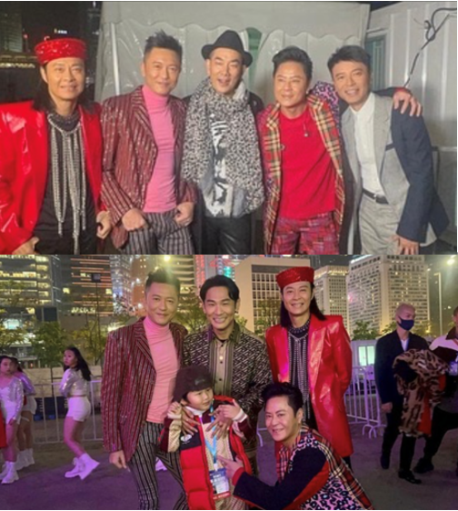 54歲周慧敏挽腰林子祥合影，明星大腕齊聚太豪華，全穿紅衣好喜慶