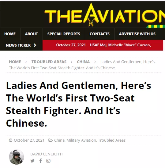 “女士們先生們,全球第一架雙座隱形戰鬥機,中國製造。” “女士們先生們,全球第一架雙座隱形戰鬥機,中國製造。”