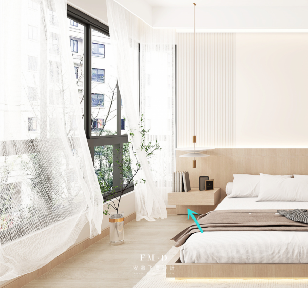 捨棄傳統床頭櫃，床頭左右一高一低，懸空櫃代替是“實用加分項”