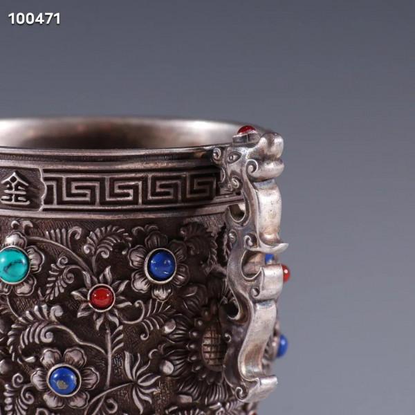 迴流 老純銀嵌寶石象足龍耳杯規格：高9cm口徑5.5cm重190g藏品