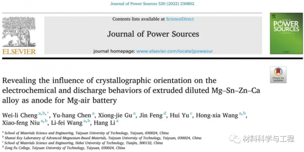 太原理工《JPS》：晶體取向對於鎂陽極電化學和放電效能的影響