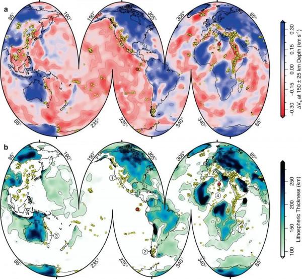 Nature communications：地幔溫度和板塊厚度對板內火山活動的全球影響