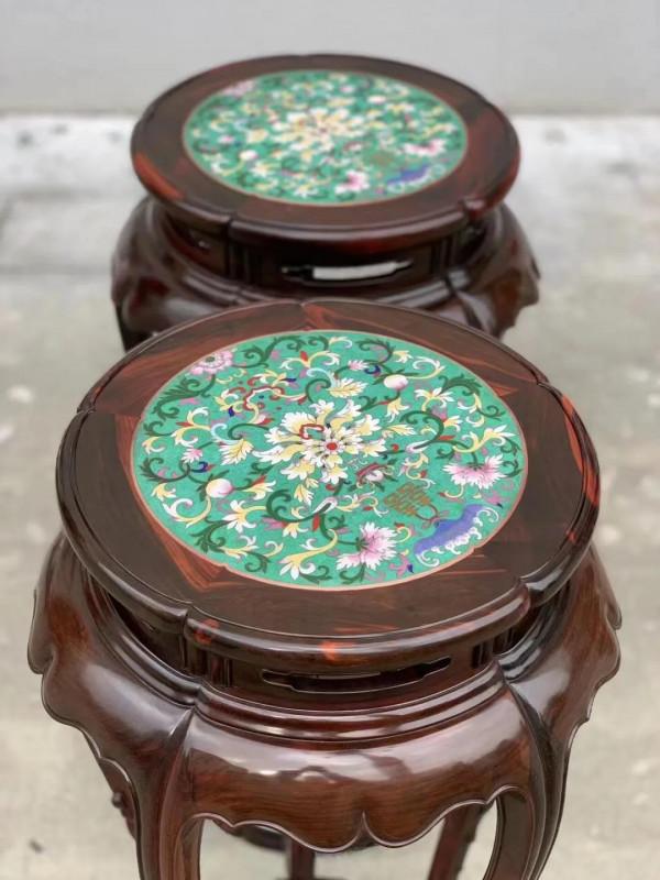 大紅酸枝 鑲景泰藍五足圓花架 尺寸：40&sol;40&sol;100