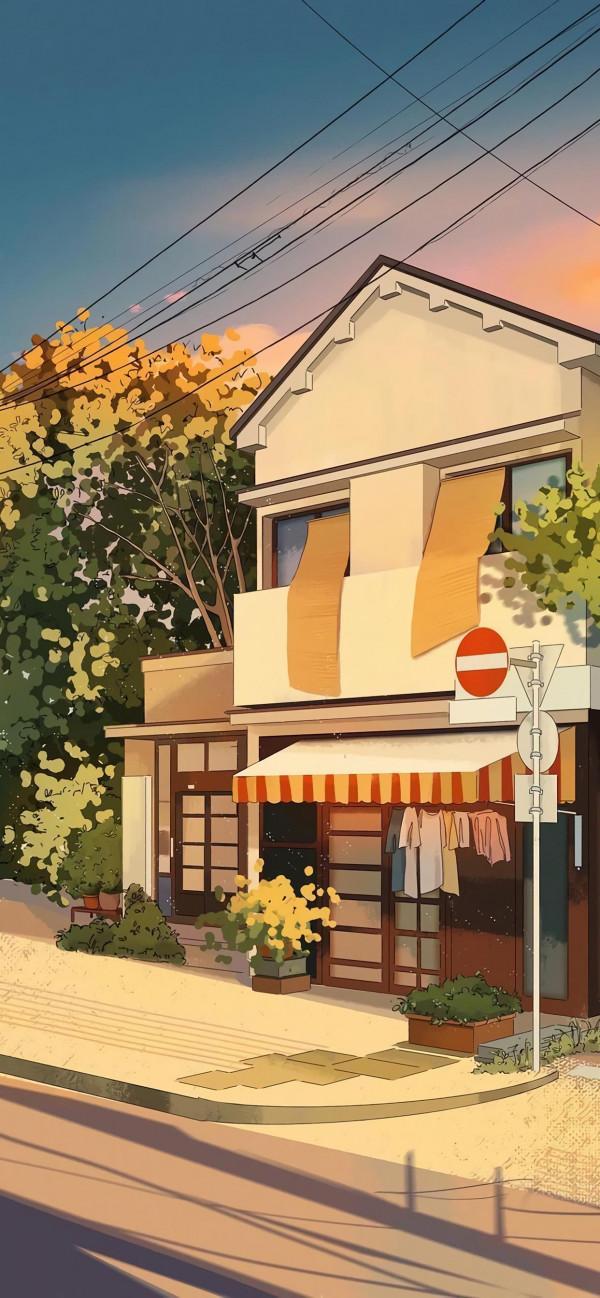 小清新動漫插畫桌布，治癒的街邊小店