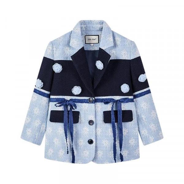 時尚撞色拼接假兩件藍色提花西裝外套 廓形編織呢上衣