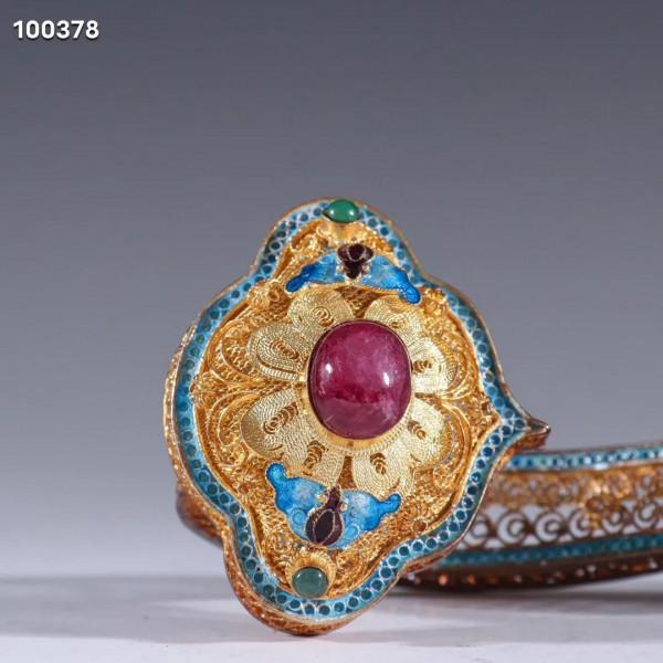 迴流 純銀花絲燒藍嵌碧璽如意擺件