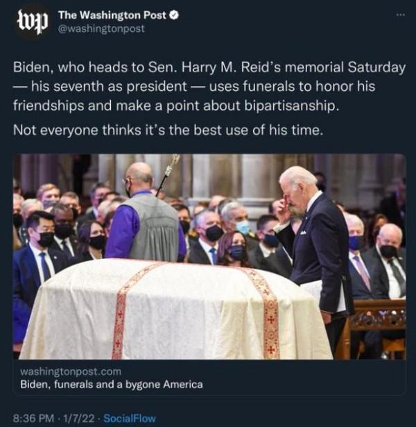 美媒稱拜登參加“太多”葬禮指其浪費時間，遭抨擊後刪帖