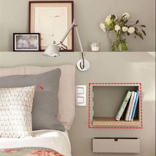 我在床頭砌堵矮牆，左右各掏一個儲物格，比成品床頭櫃還節省空間