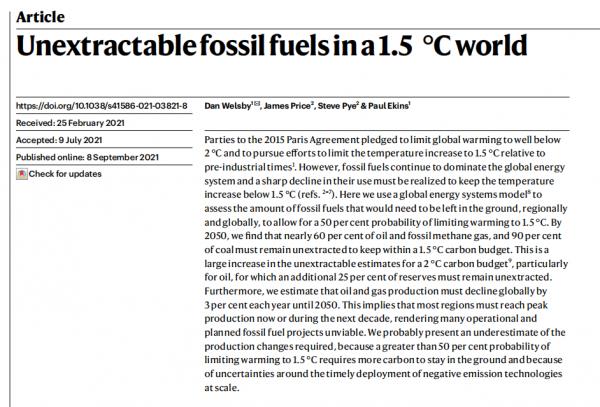 《自然》：1.5°C世界中大部分化石燃料註定永埋地下