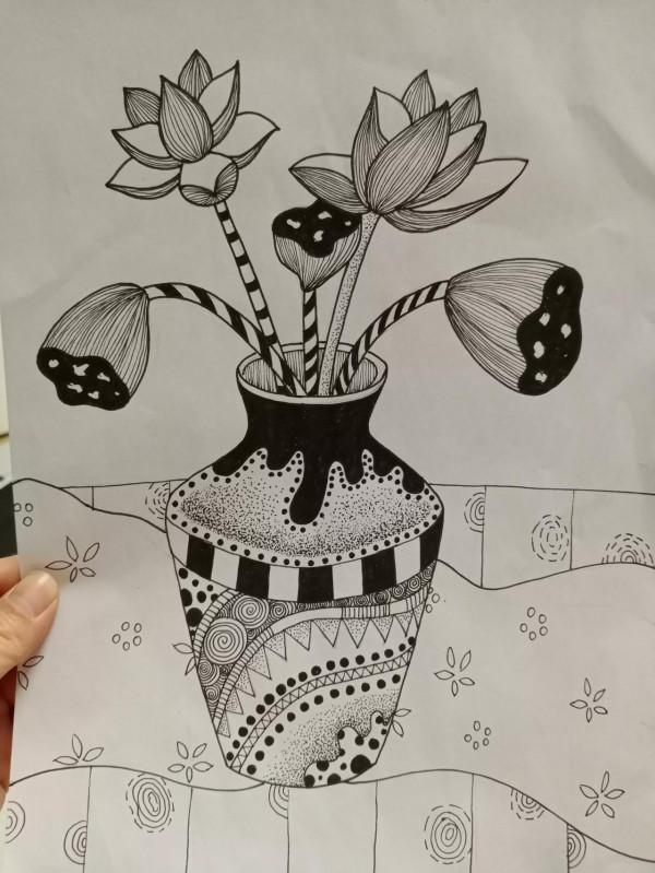 多步驟詳細解說線描畫《花瓶和花》的畫法