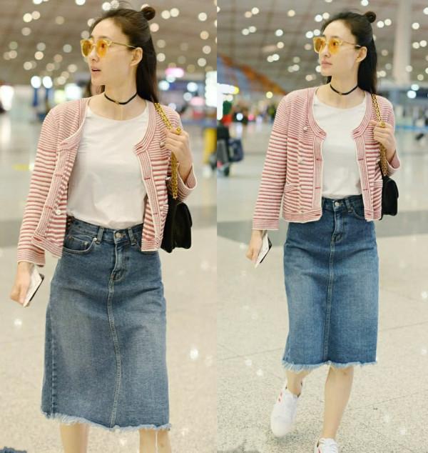 33歲王麗坤現身機場，僅僅是穿了件黑色波點裙，一下就老了十歲