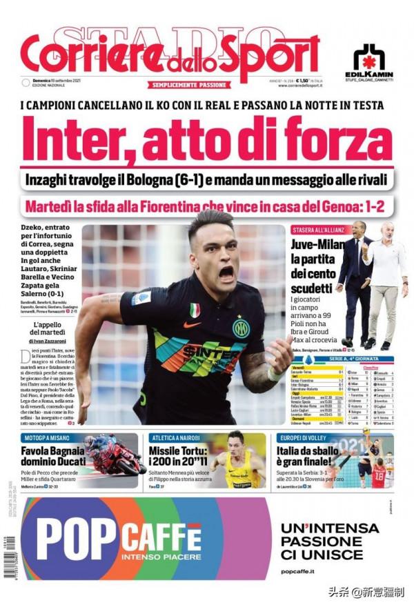 19日義大利頭版-國米6球開殺戒,今晚尤文米蘭之戰壓力都大 19日義大利頭版-國米6球開殺戒,今晚尤文米蘭之戰壓力都大