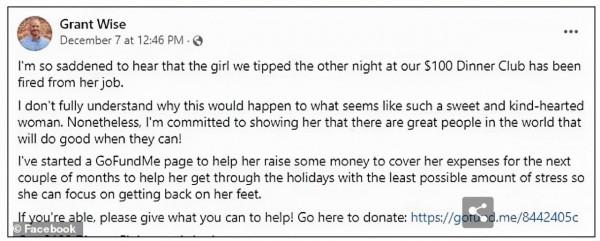 美國服務員收到好心顧客給的4400美元小費，反被餐廳炒魷魚