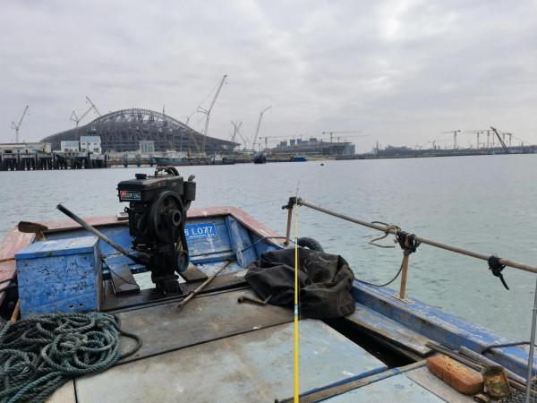 一隻中華白海豚，淺灘翻滾覓食\她並沒有與小木船同一航道