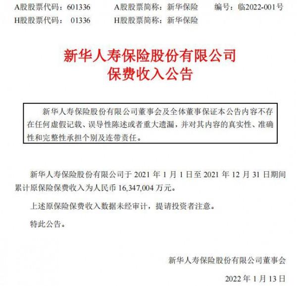 新華保險：預計2021年累計原保險保費收入為1634.7億元