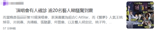 知名歌手演唱會2人確診，胡定欣等20位藝人曾到場，需接受檢測
