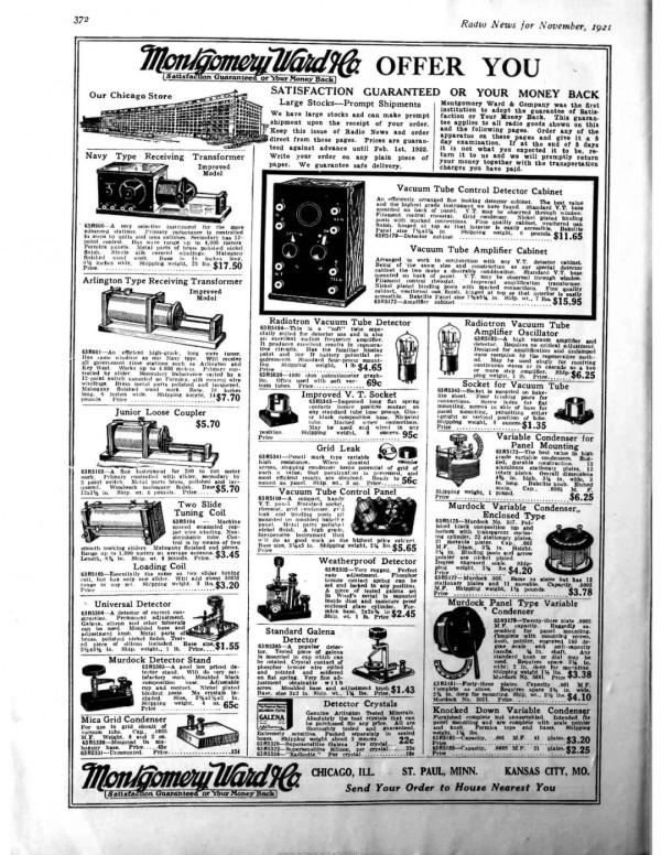 「無線電史話」1921年蒙哥馬利沃德商店琳琅滿目的無線電裝置清單