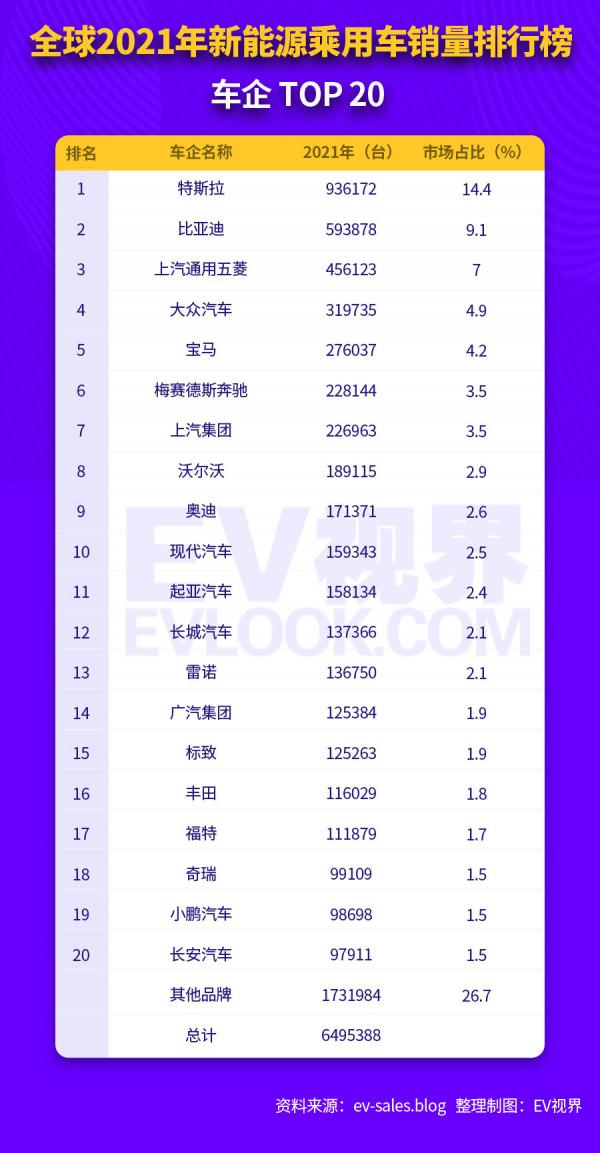 全球2021年新能源汽車銷量終極排行