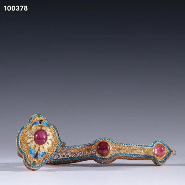 迴流 純銀花絲燒藍嵌碧璽如意擺件