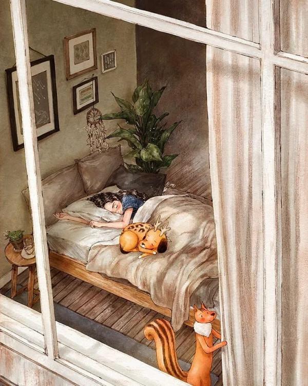 每日插畫｜aeppol的治癒系森林少女日記，休息一會兒再走也沒關係