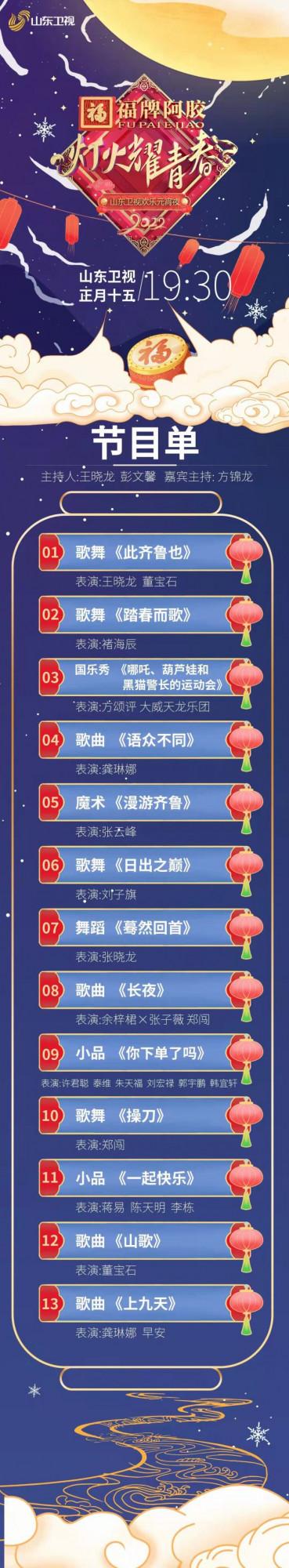 2022山東衛視歡樂元宵夜今晚播出 方錦龍龔琳娜等歡歌笑語鬧元宵