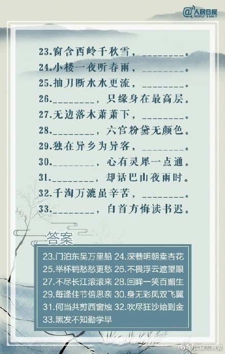 古詩詞100題,你能答對幾道?都答對了的點贊 古詩詞100題,你能答對幾道?都答對了的點贊