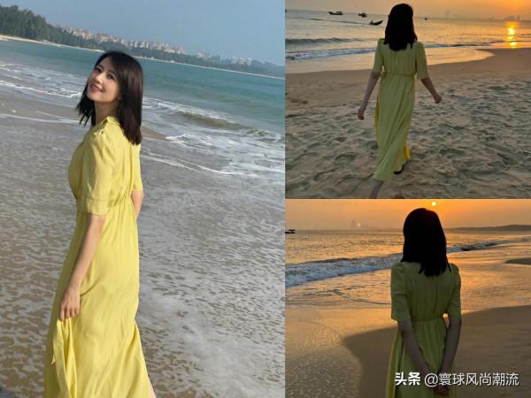 高圓圓曬沙灘照，為好友打call，穿黃色連衣裙浪漫唯美