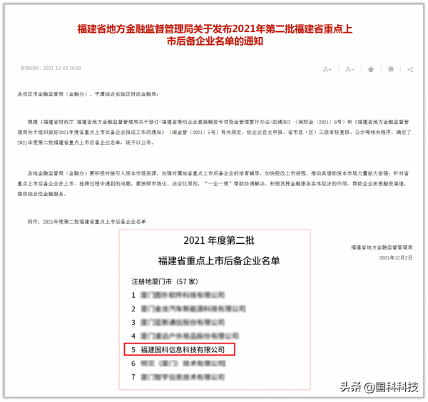 國科科技再獲“高新技術企業”認定，入選福建省重點上市後備企業