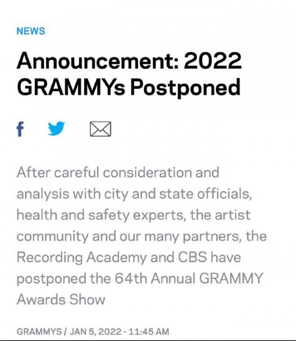 第64屆格萊美頒獎禮推遲舉行 具體時間暫未宣佈
