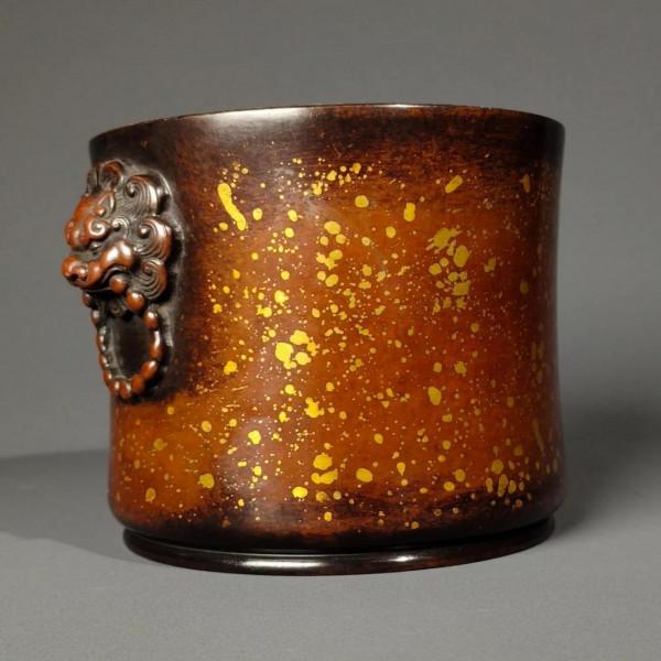 紫銅鎏真金雙獅頭耳灑金香爐