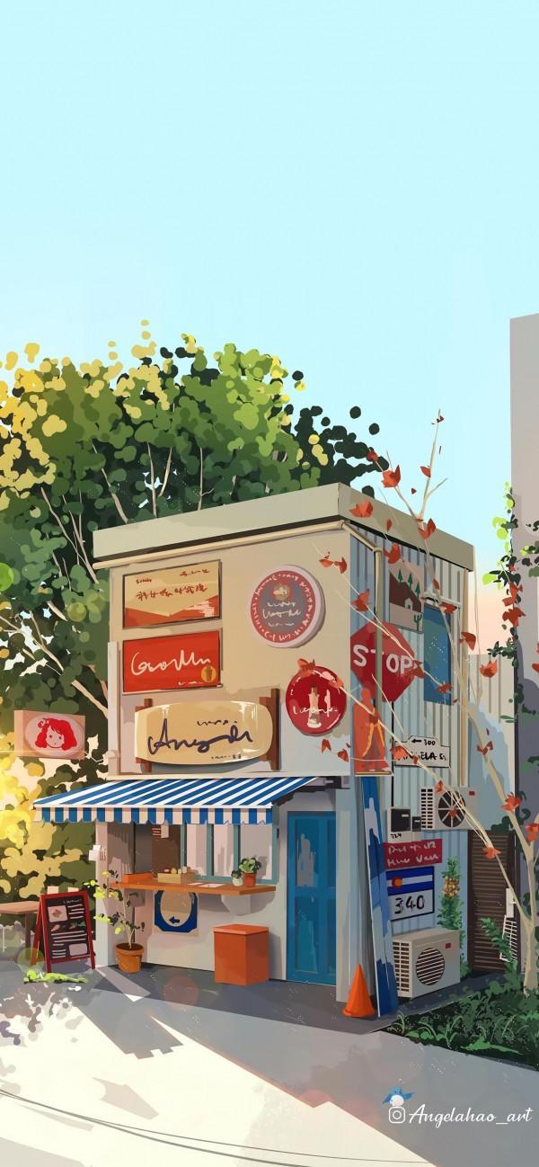 小清新動漫插畫桌布，治癒的街邊小店