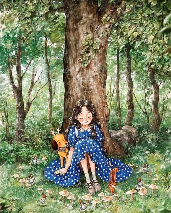 每日插畫｜aeppol的治癒系森林少女日記，休息一會兒再走也沒關係