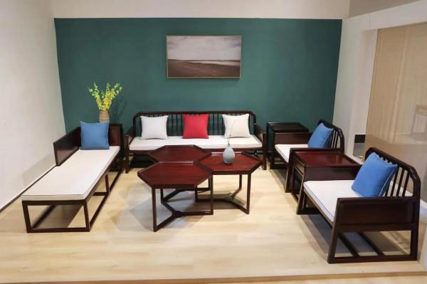 尚比亞血檀新中式沙發十件套「集簡」疏影元素靠背 多邊形茶几